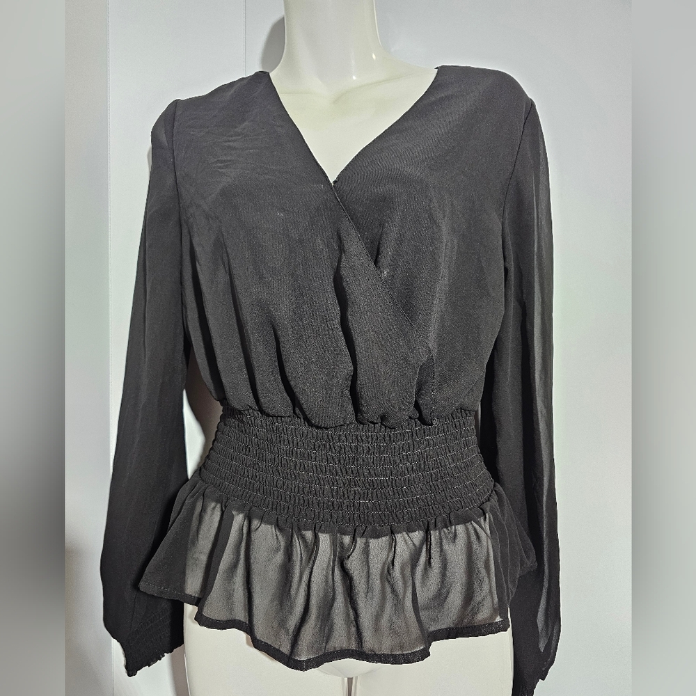 Long Sleeves Black Ruffled Blouse Size Medium